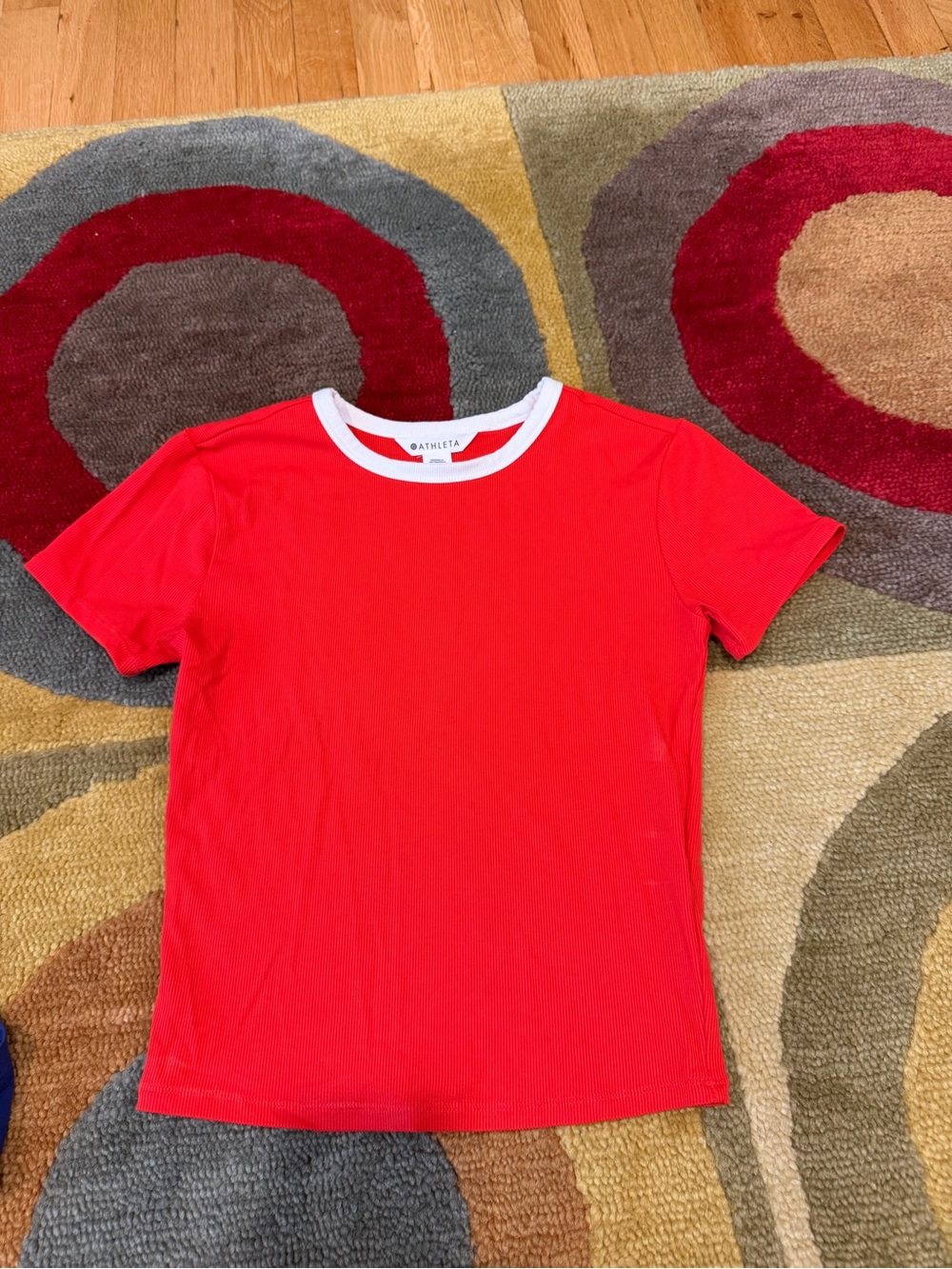 Athleta Women Signature Rib Crop Tee Shirt Red / White Contrast Tencel Size XS